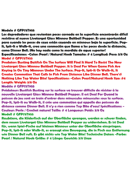 LIVETARKET GLASS MINNOW BAITBALL POPPER KODER