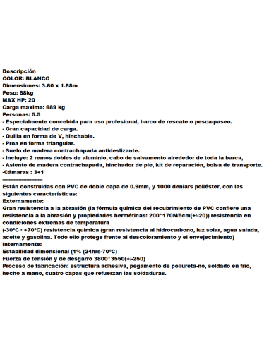 BARCA PVC HINCLABLE NEUMATICA SEMIRIGIDA PACK 3.60 M (SUELO DE MADERA)