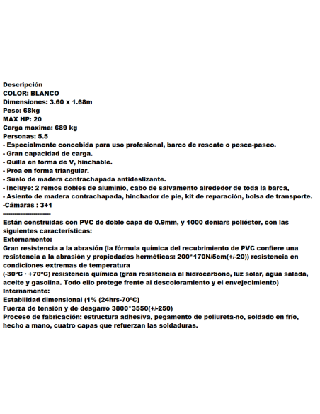 SEMI-RIGID PNEUMATIC INFLATABLE PVC BOAT PACK 3.60 M (WOODEN FLOOR)