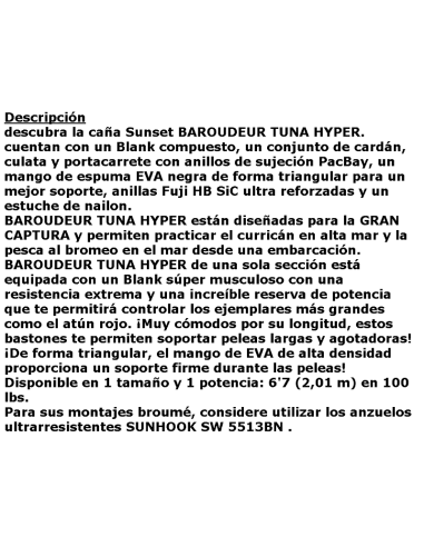 SUNSET ROD BAROUDEUR TUNA HYPER 6.7-2 , 100LB